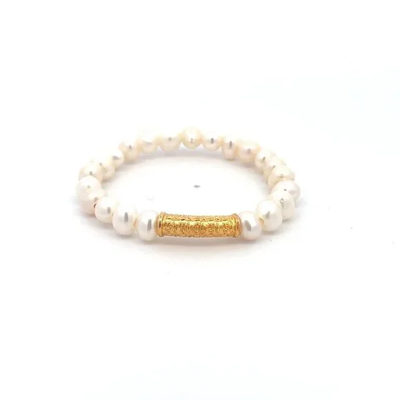 18K Gold Tube Lucky Charm Bracelet Gemstones June Birthstones Pearl 6mm - Picture 1 of 5